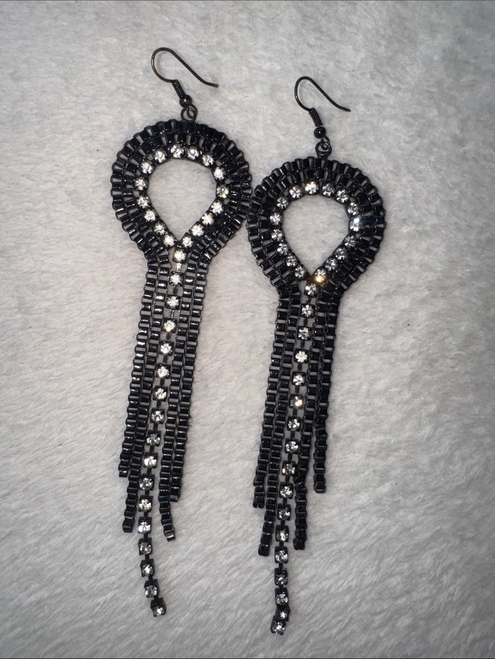 Black Rhinestone Loop Fringe Earrings - Women Jewelry